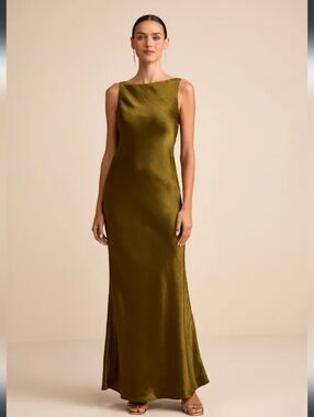 Janita Olive Satin Sleeveless Cowl Back Maxi Dress